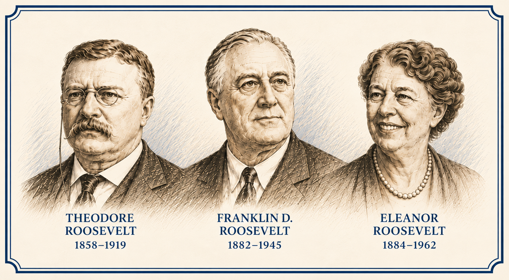 Theodore, Franklin D. en Eleanor Roosevelt in een compleet kader